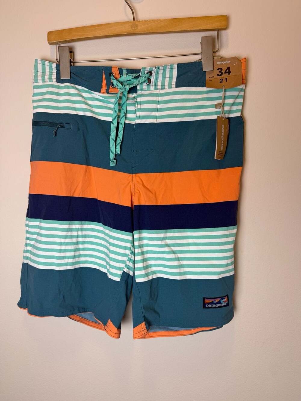 Patagonia Fitz Stripe Board Shorts Size 34 Tasmanian Teal Surf Swim Trunks